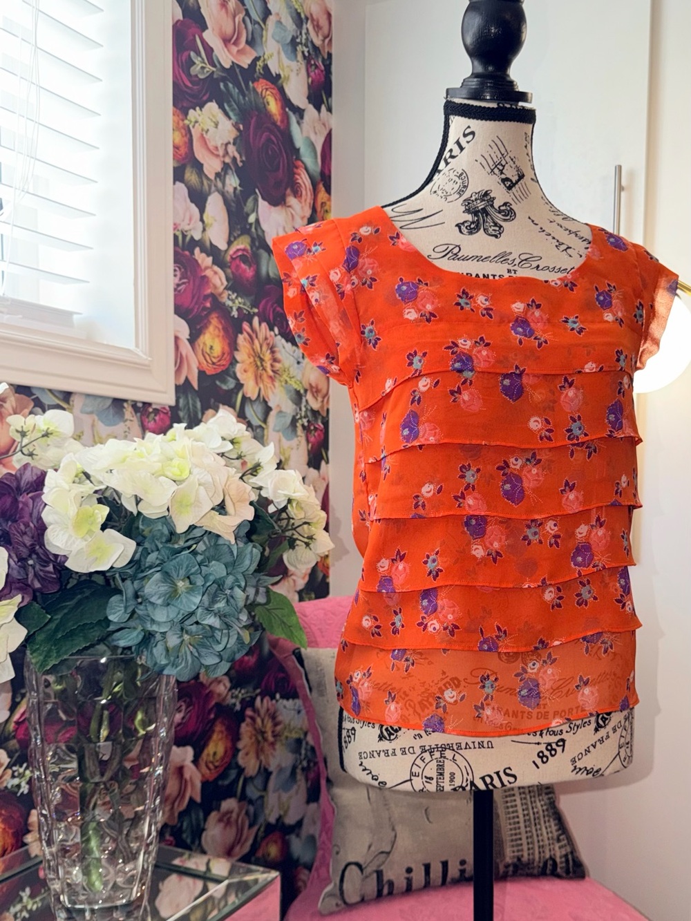 American Eagle Outfitters Orange Floral Ruffle Tiered Top